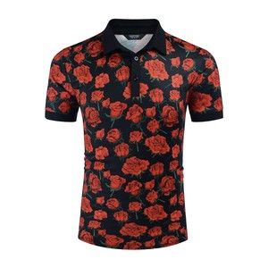 Printed Red Rose Art Pattern Casual Men's Polo Shirt Size XL